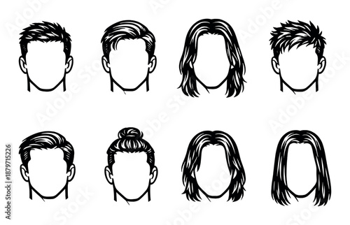 Silhouette hairstyles: diverse male and female haircuts in grayscale graphic