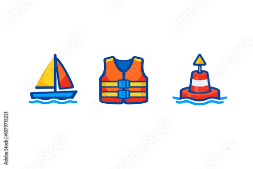 Nautical icons: sailboat, life vest, and buoy