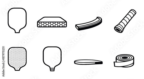 Pickleball equipment icons: paddle, grip, edge guard, paddle tape set