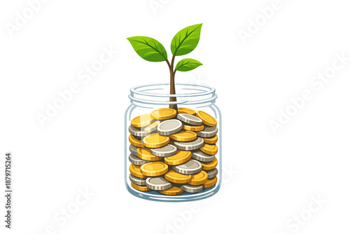 Plant Growing From Jar Filled With Coins