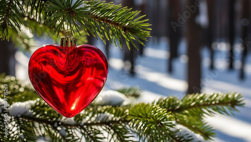 Red heart ornament on snowy pine branch