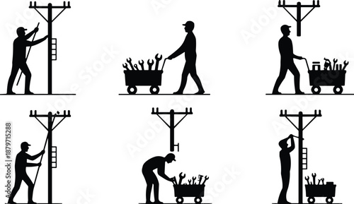Utility worker silhouette set with electricians repairing power lines, maintenance carts, outdoor service tasks, and electrical infrastructure work scenes