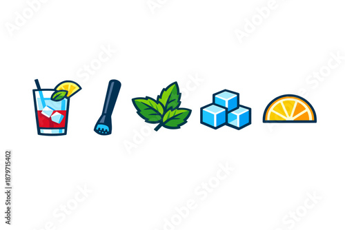 Cocktail ingredients and tools icons