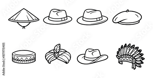Diverse headgear collection: from fez to cowboy hat