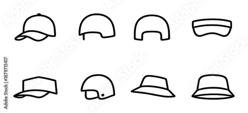 Outline icons set of various hat styles on gray background