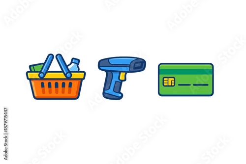 Shopping icons: basket, scanner, credit card