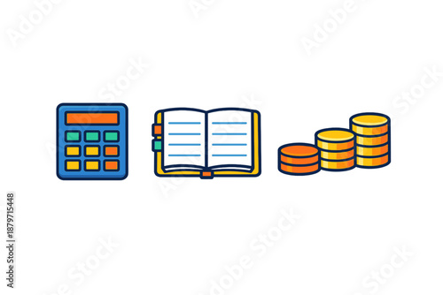 Calculator, notebook, and coins icons representing finance and accounting
