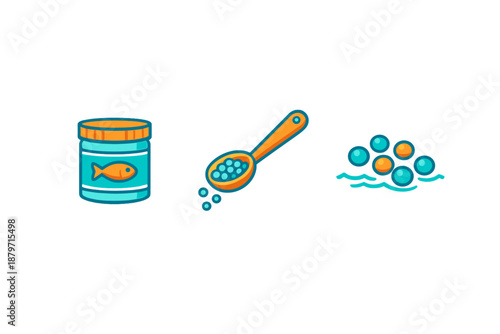 Fish food concept with jar, spoon and bubbles