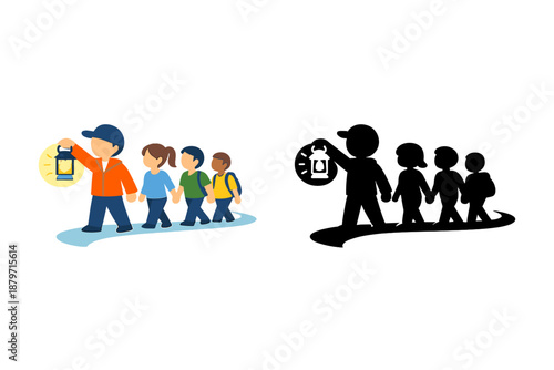 Children following a leader with a lantern in the dark