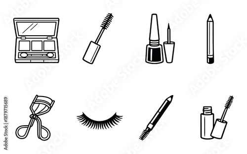 Monochrome makeup icons collection: mascara, eyeliner, lipstick, eyeshadow, curler