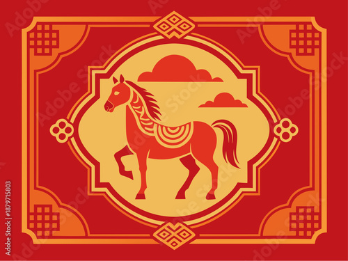 Chinese Zodiac Year of the Horse Illustration in Traditional Red and Gold Frame