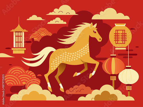 Chinese New Year Golden. Horse Running in Traditional Chinese New Year Style Art