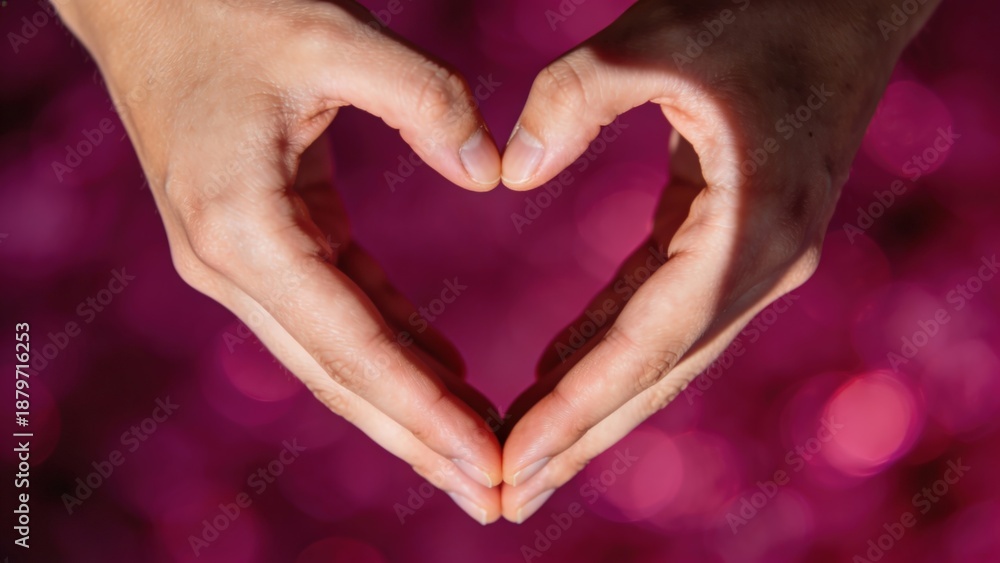Obraz premium A pair of expressive hands forms a universal heart gesture against a bright pink bokeh background symbolizing love and connection