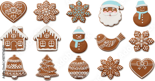 Vector illustration set of realistic Christmas gingerbread cookies featuring Santa snowmen cottage houses bird and light blue icing