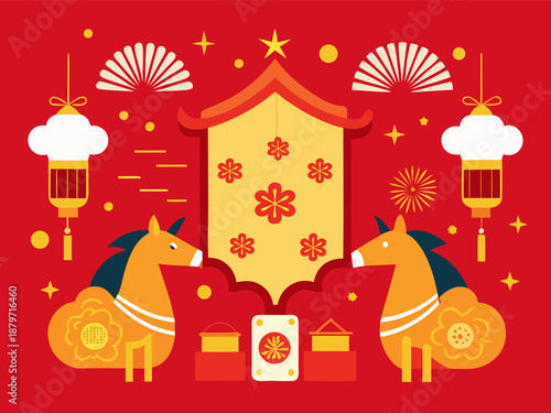 Flat Illustration of Chinese New Year Celebration with Zodiac Horses and Traditional Ornaments