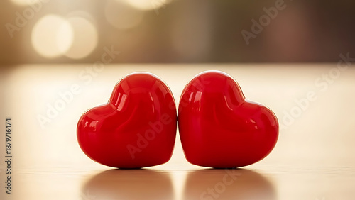 Two red hearts on a table