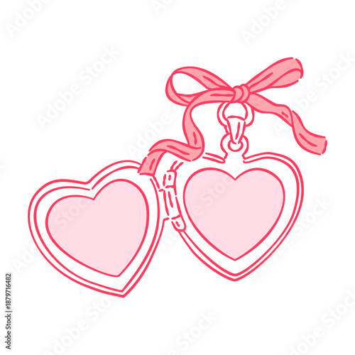 Hand-drawn pink heart locket with ribbon bow, open photo frame illustration isolated on white background.