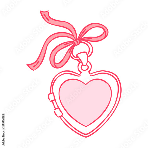 Hand-drawn open pink heart locket with ribbon bow, heart-shaped photo frame illustration isolated on white background.