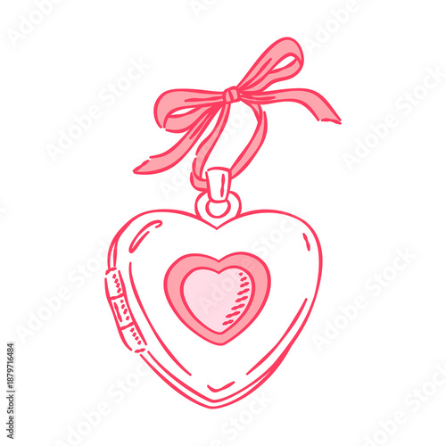 Hand-drawn closed pink heart locket with ribbon bow, romantic jewelry illustration isolated on white background.