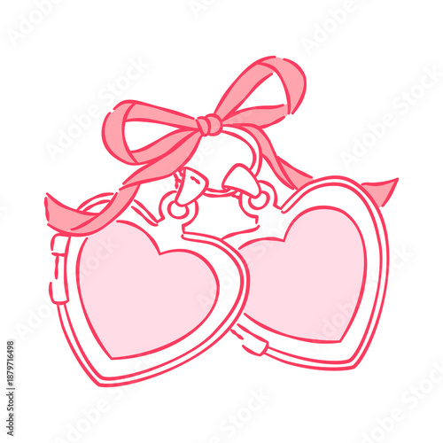 Hand-drawn double pink heart lockets with ribbon bow, romantic couple jewelry illustration isolated on white.