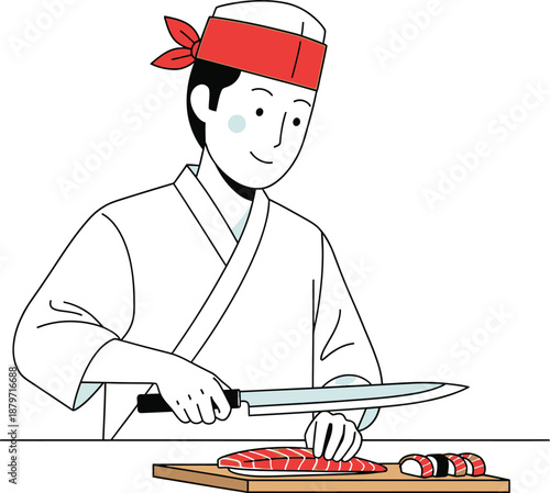Simple vector illustration of a sushi chef, preparing sushi with a knife, isolated on white background