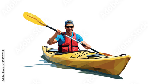 Geometric style kayaking adventure with paddle in yellow kayak