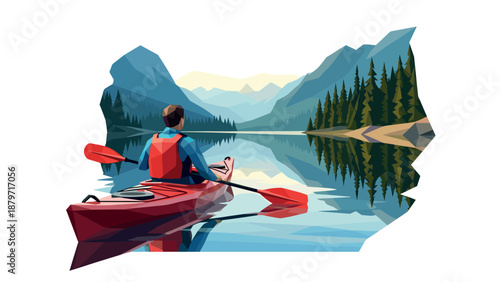 Low poly kayaking adventure in serene mountain lake landscape