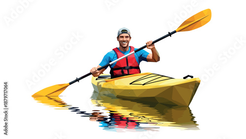 Polygonal style kayaker with paddle on reflective water