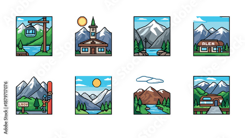 Charming mountain adventure icons featuring cable car and scenic landscapes