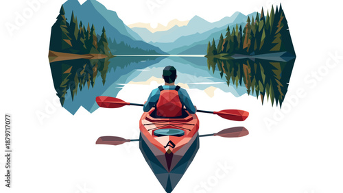 Geometric kayaking adventure in tranquil mountain lake landscape