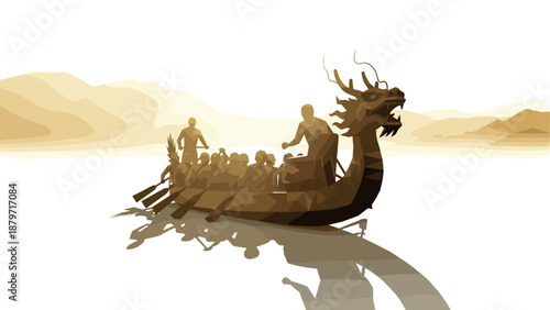 Low poly dragon boat race at sunrise with geometric design and shadows