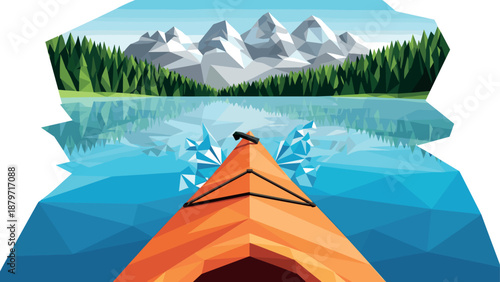 Geometric kayaking adventure on a tranquil mountain lake