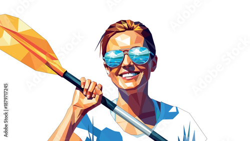 Colorful geometric portrait of smiling woman with sunglasses and paddle