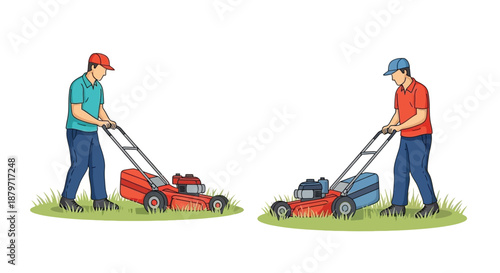 Two men using different types of lawn mowers in a grassy area