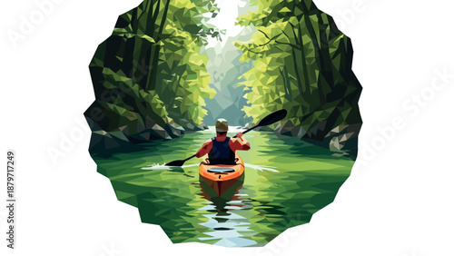 Geometric landscape of a person kayaking through a serene forest river