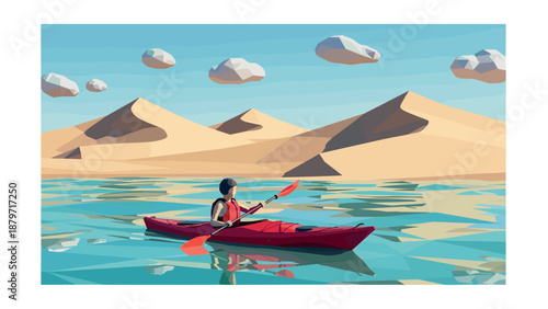 Low poly kayaking adventure in desert landscape with geometric clouds