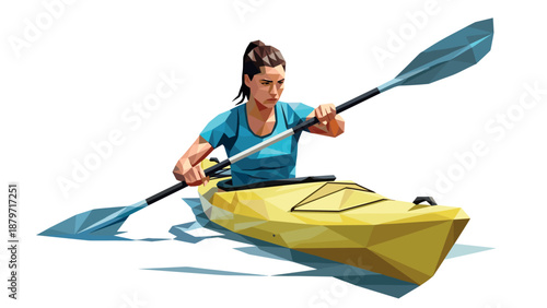Geometric style woman kayaking in yellow canoe with paddle