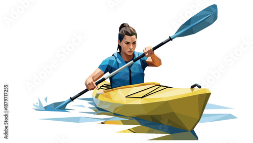 Geometric style kayaker navigating blue waters in yellow kayak