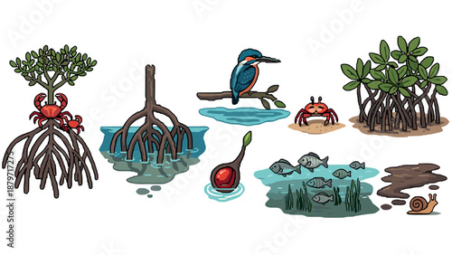 Pixel art mangrove ecosystem with wildlife and flora