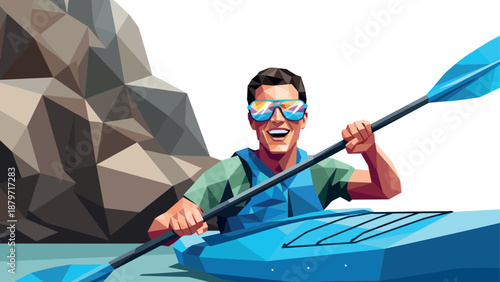 Geometric art kayaker: low poly man paddling in vibrant water adventure