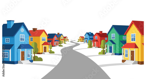 a colorful street with many houses on both sides