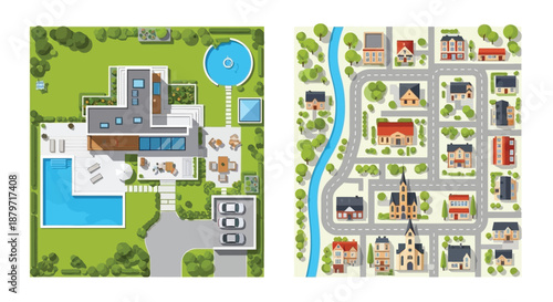 aerial view of a large house and a suburban neighborhood