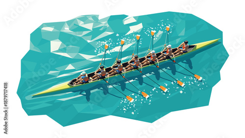 Low poly rowing team paddling on geometric water surface
