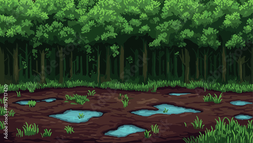Lush pixel art forest with puddles and dense greenery