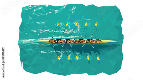 Geometric overhead view of rowers on turquoise water surface