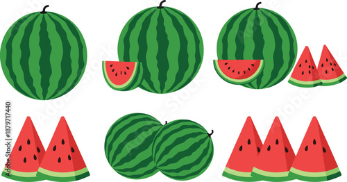 Vector illustration set of six watermelon graphics featuring whole striped fruit and various groupings of red triangular slices