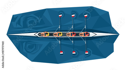 Top view of rowers in a boat practicing teamwork on water in geometric style