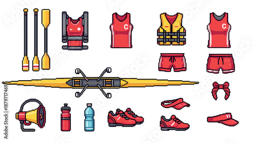 Pixel art crew rowing set with equipment and outfits for athletes