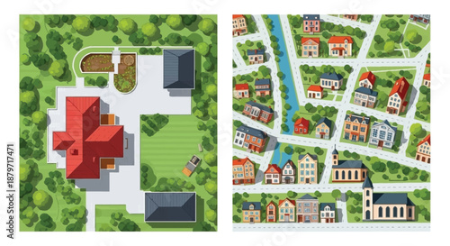 A hospital and a neighborhood with houses and a river