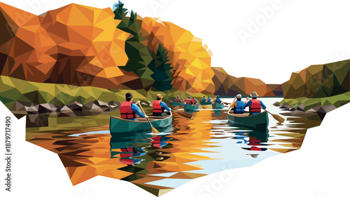 Low poly canoeing adventure in autumn landscape with vibrant foliage and reflections